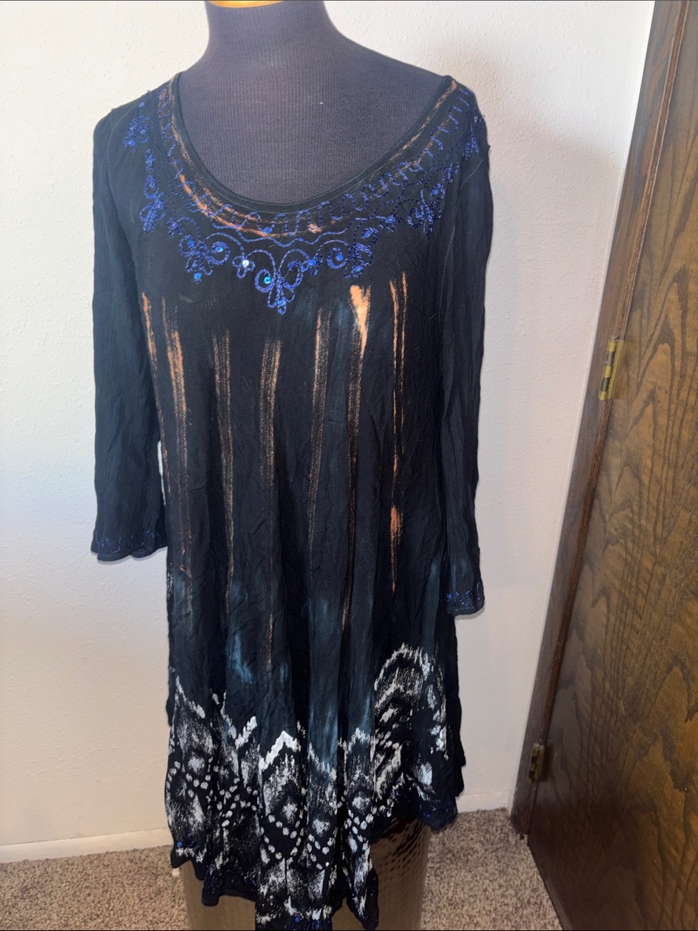 India Boutique Black Dress with Blue Embroidered Neckline Free Size